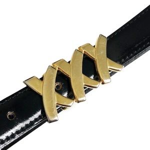 Paloma Picasso Black Leather Belt XXX Logo Buckle Vintage Retro